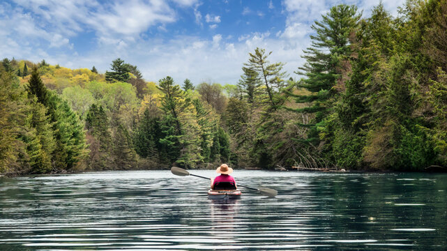 A lovely spring day to kayak and coast down Muskoka River in Hunstville, Ont, Canada
