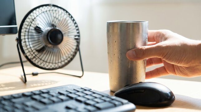 Person holding cold metal tumbler with condensation on office desk with fan for summer remote work productivity
