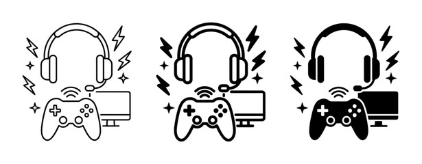 Gaming Icons Set: Headset, Controller, Computer, Wireless Connection, 3 Styles © Svgmust