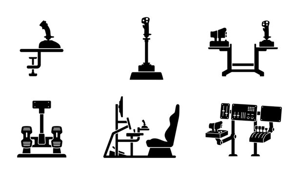 Flight Simulator Controls, Joystick Set, Gaming Cockpit Icons, Aviation Equipment Vector Graphics