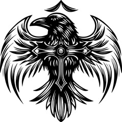 Fototapeta premium SVG vector illustration of a crow tattoo on a crossbar in dark style. Intricate Black Raven Perched on Wooden Fence Art
