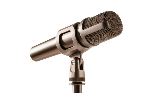 Isolated modern professional studio broadcasting microphone with a detailed metal grille