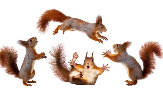 Isolated group of four excited red squirrels with fluffy tails jumping and reacting humorously