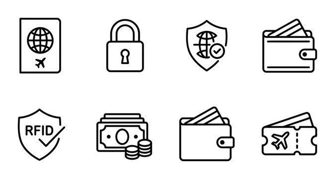 Financial Security Icons: Passport, Lock, Wallet, RFID Protection, Money, Travel Ticket, Global Shield