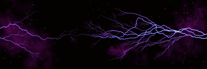Obraz premium An abstract background header with purple lightning and sparks on a black background.