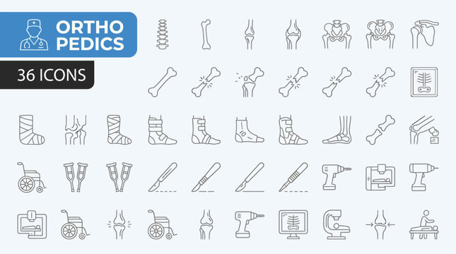 Set of 36 orthopedics and bone health icons for medical clinics and hospitals.