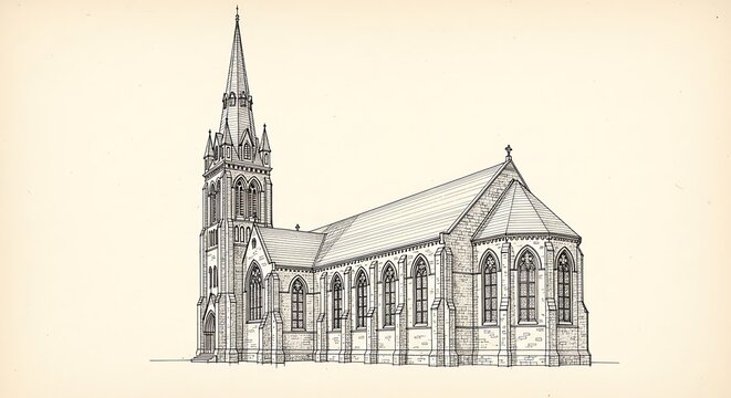 Gothic Church Building with Tall Spire and Arched Windows