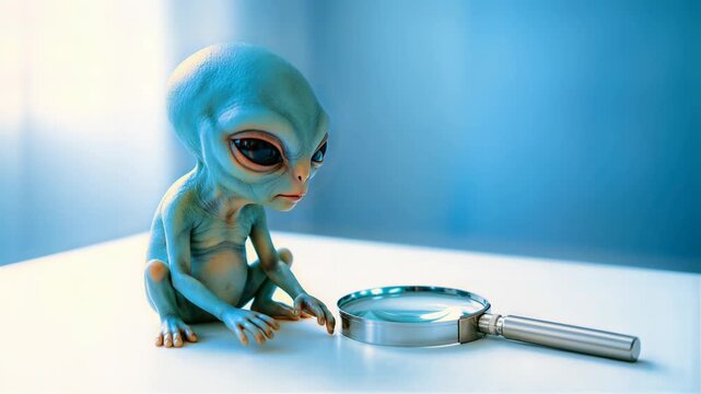 Small textured alien sitting on a white table next to a magnifying glass. Scientific study of an extraterrestrial creature. Sci-fi research concept