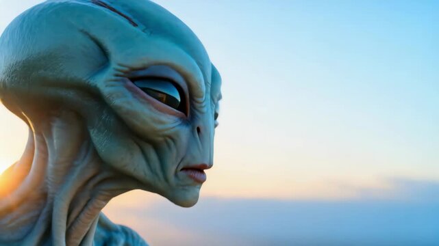 Human and alien grasping hands on a rocky terrain. First contact and interspecies unity concept against a pale blue dawn sky. Extraterrestrial greeting