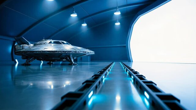 Futuristic spaceship hangar with a parked silver UFO. Cyan illuminated tracks leading to a bright glowing opening on a polished floor. Secret alien technology base concept