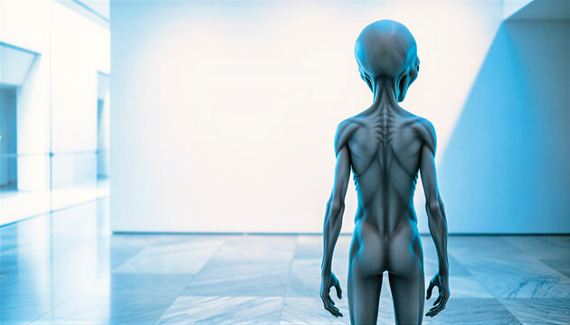 Back view of a grey alien standing in a modern museum lobby. Extraterrestrial visitor with smooth matte skin in a bright minimalist hallway with cyan lighting