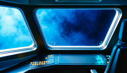 Obraz premium View from inside a futuristic spaceship cockpit looking out at a blue nebula in deep space. Advanced alien technology and space exploration concept