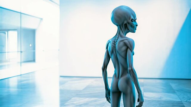 Grey alien visitor standing in a modern museum lobby. Rear view of an extraterrestrial in a minimalist architectural space. Sci-fi first contact concept