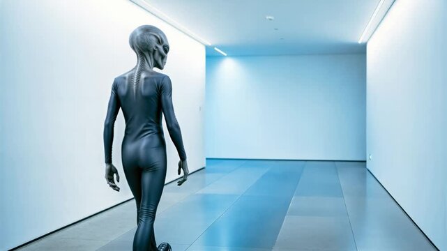 Grey alien in a black bodysuit walking through a sterile white corridor. Extraterrestrial navigating a futuristic architectural hallway. Sci-fi exploration concept