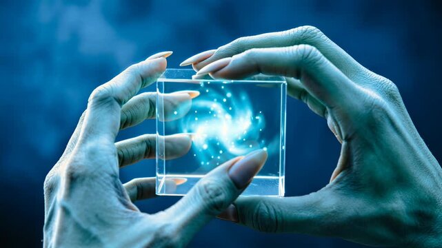 Alien hands holding a glass cube with a swirling cyan galaxy. Extraterrestrial technology containing cosmic energy. Sci-fi artifact concept