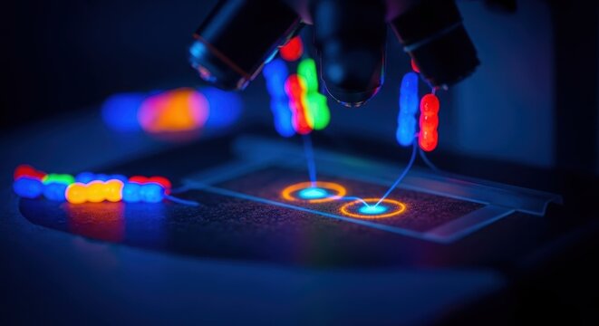 Intricate fluorescent microfluidic device illuminated by scientific microscope, showcasing vibrant cellular analysis in advanced biotechnology research