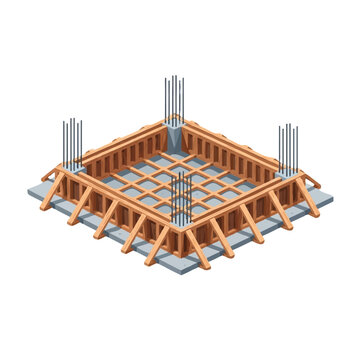 Isometric 3D Illustration of Building Foundation Construction with Wooden Formwork and Steel Rebar