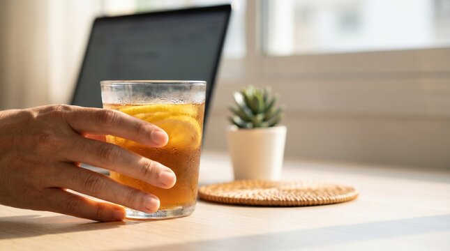 Person holding glass of iced tea with lemon during remote work break at home office desk with laptop and succulent
