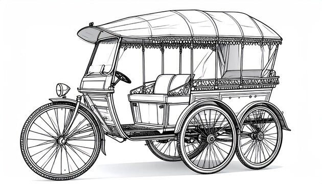 Vintage cycle rickshaw carriage black and white line art