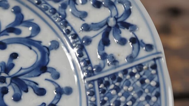 Closeup of antique blue and white porcelain plate with intricate floral patterns.