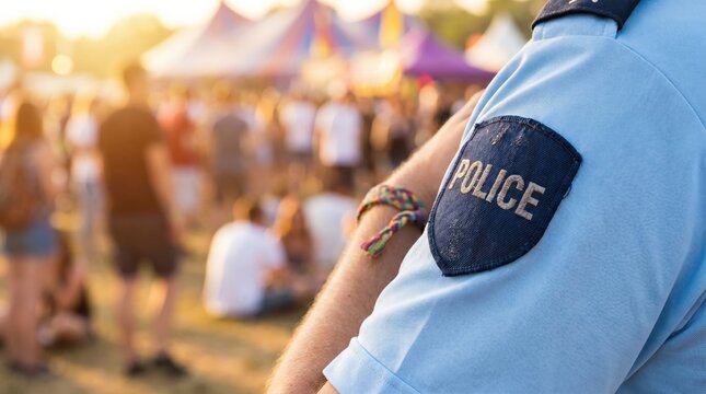 Police officer patrolling outdoor music festival crowd security and public safety concept
