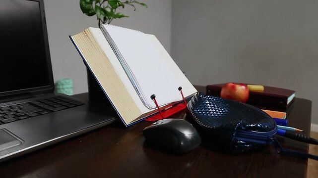 An office desk with a laptop, an open book, and work or study supplies. No people, nobody. A detail of the workspace on a wooden table features a potted plant and an apple. Close-up.