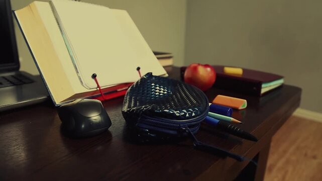 An office desk with a laptop, an open book, and work or study supplies. No people, nobody. A detail of the workspace on a wooden table features a potted plant and an apple. Closeup vintage toned color