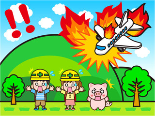 山に墜落する飛行機と山火事のイラスト素材 © kiko