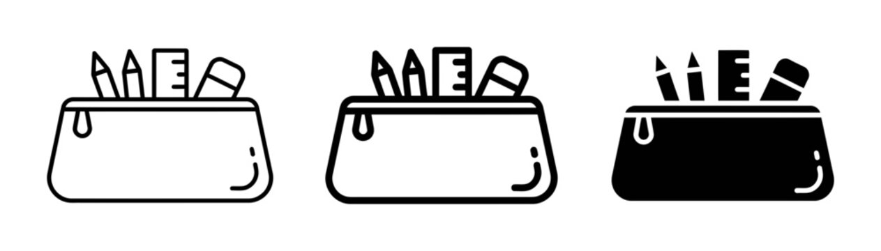 Pencil Case Icons: Outline, Silhouette, and Filled Styles for School Supplies, Stationery Organization, and Creative Tools