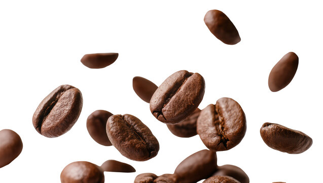 Isolated fresh roasted coffee beans falling and flying in dynamic motion studio shot
