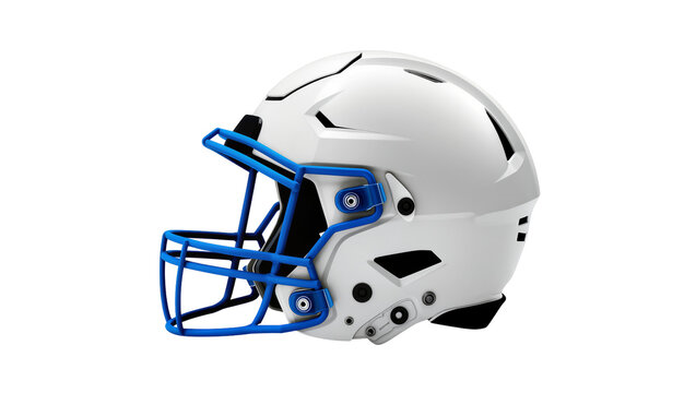 Isolated sleek white American football helmet with vibrant blue protective face mask