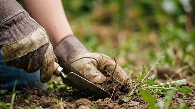 Close up of a gardener weeding a vegetable patch with a hand trowel, focusing on sustainable organic gardening and soil maintenance
