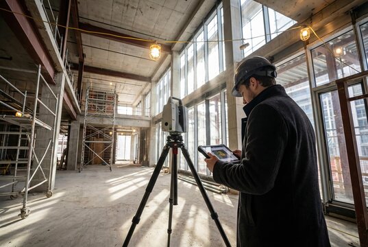 Surveyor using 3D laser scanner with tablet at construction site