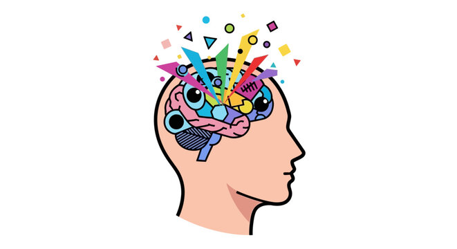 Creative mind with colorful ideas exploding from brain.