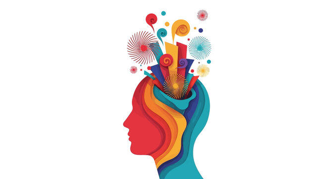 Creative mind with colorful ideas exploding from head.