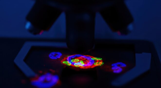 Vibrant fluorescent cells under advanced microscopy showcasing intricate cellular structures and organelles.