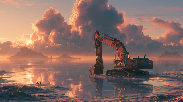 Excavator dredging in serene lake at dawn industrial landscape tranquil environment wide angle view