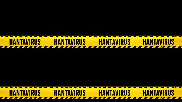 Yellow caution tape with the word Hantavirus on a dark black background, health alert concept, biohazard and epidemiological warning in minimalist design