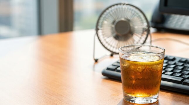 Refreshing Iced Tea with Lemon on Office Desk with Fan and Keyboard for Summer Work Break Concept