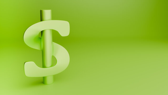 Minimal horizontal 3D render of a green dollar sign on a monochrome studio background with copyspace