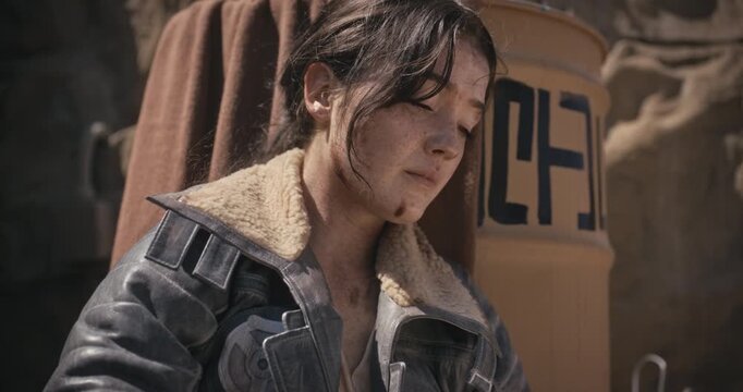 Exhausted young woman in sci-fi setting trying to rest
