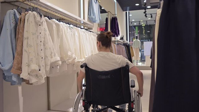 A Caucasian woman in a wheelchair shopping at a mall. 