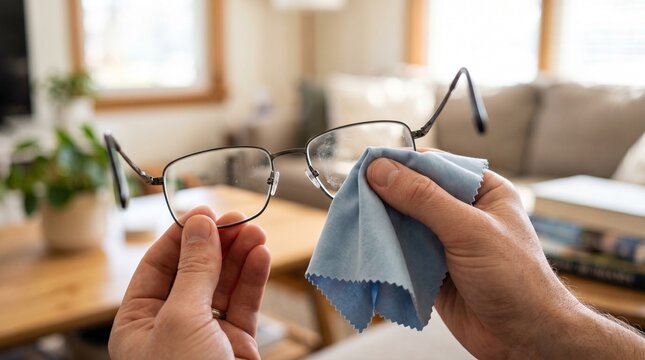 Hands cleaning eyeglasses with microfiber cloth in a bright, cozy living room setting