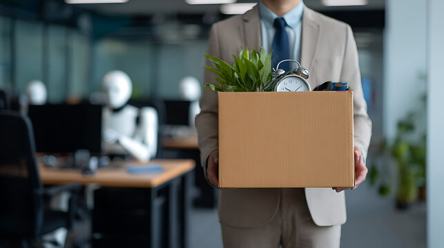 Man holds box with personal items, symbolizing job loss or transition, in an office environment with blurred robotic figures in the background