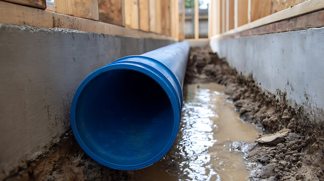 Blue drainage pipe lay in muddy trench next to a concrete foundation wall with wooden framing, essential for new home construction