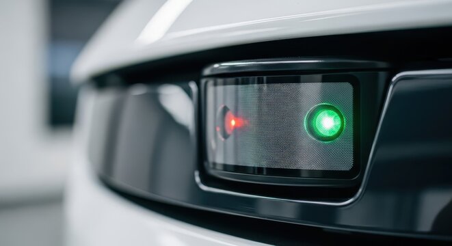 Close-up of advanced automotive lidar sensor with green and red indicator lights, showcasing modern technology