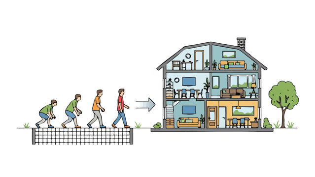 Evolution of Human Progress and Residential Architecture Concept, Men Evolving from Primitive to Modern Home Living Illustration