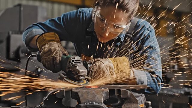 Skilled female worker grinding metal with sparks flying in workshop.