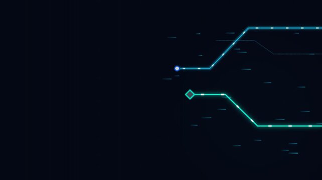 Neon circuit lines on dark screen, blue and teal glowing abstract network, futuristic technology design, corporate digital interface