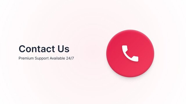 Contact us motion banner, red phone icon, premium support available 24/7, customer service, call center